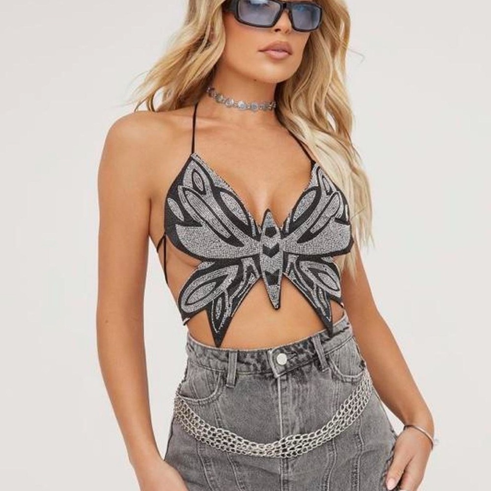 EGO Black and White Embellished Sleeveless Crop Top